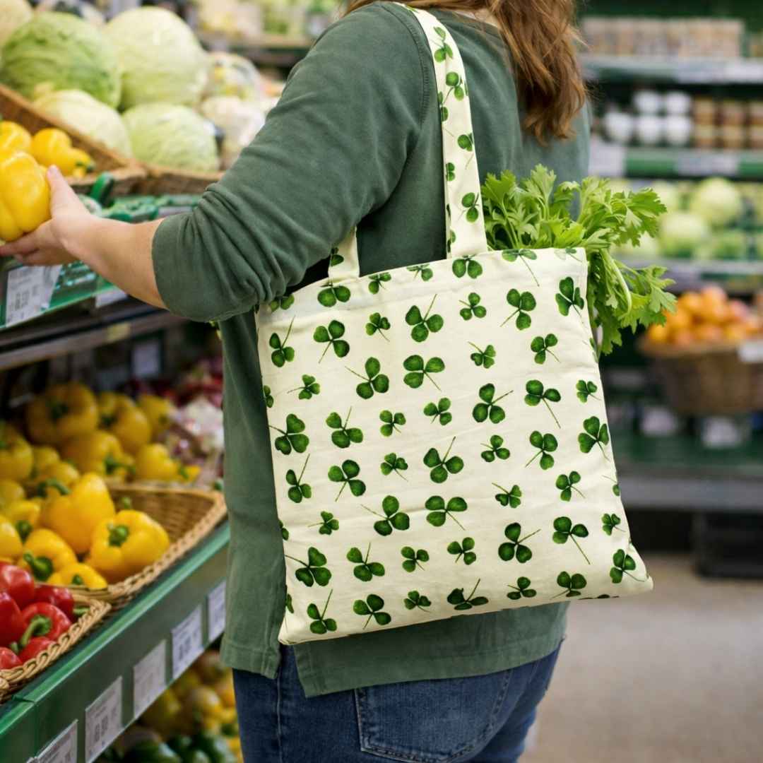 Shamrock tote bag is foldable and reusable. A useful souvenir of your trip to Ireland. Sign up to our newsletter to receive 15% off your order.