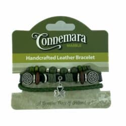 Shamrock Charm Hippy Bracelet is fully adjustable. Made from leather and handcrafted in Ireland with 8mm Connemara marble beads.
