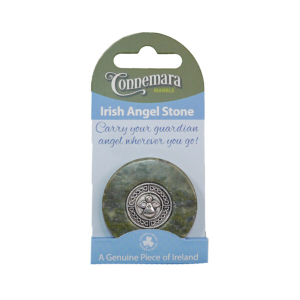 Carry your Guardian Angel with you wherever you go. This genuine Connemara marble Irish angel stone inset with a disc is perfect for your handbag or pocket.