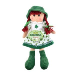 Our Irish Doll Cara (friend) is a soft toy to remind you of Ireland. Dressed in a shamrock dress, she makes a lovely companion and a perfect souvenir.