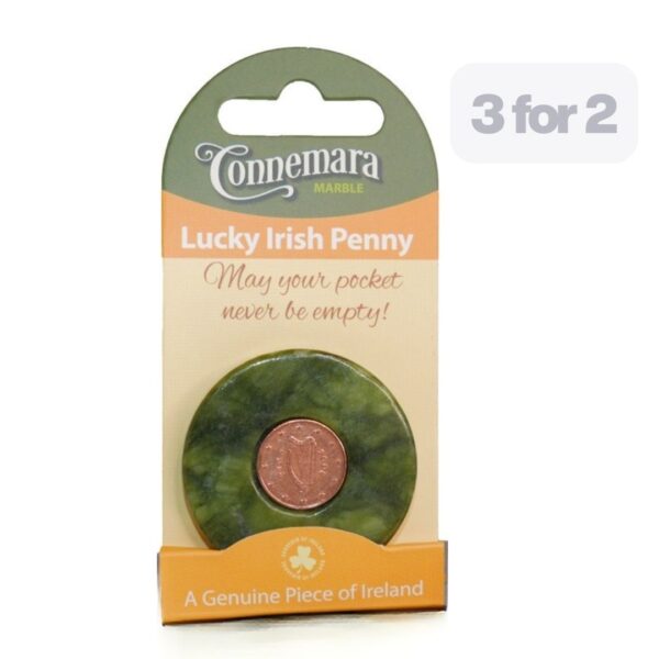 Lucky Penny with Connemara Marble. Irish legend has it that you should always keep a one penny coin with you for luck. Genuine Irish coin.