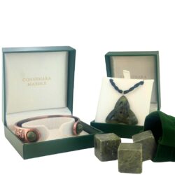 The ultimate Connemara Marble gift set for him. Whiskey stones, Celtic Band Bracelet and Cuff links. Hand crafted in Ireland, authentic and natural.