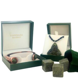 The ultimate Connemara Marble gift set for him. Whiskey stones, Celtic Band Bracelet and Cuff links. Hand crafted in Ireland, authentic and natural.