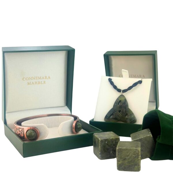The ultimate Connemara Marble gift set for him. Whiskey stones, Celtic Band Bracelet and Cuff links. Hand crafted in Ireland, authentic and natural.