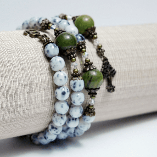 Rosary bracelet with Connemara Marble in a coil design to wrap around the wrist. Combines beauty with spiritual strength. Handmade in Ireland