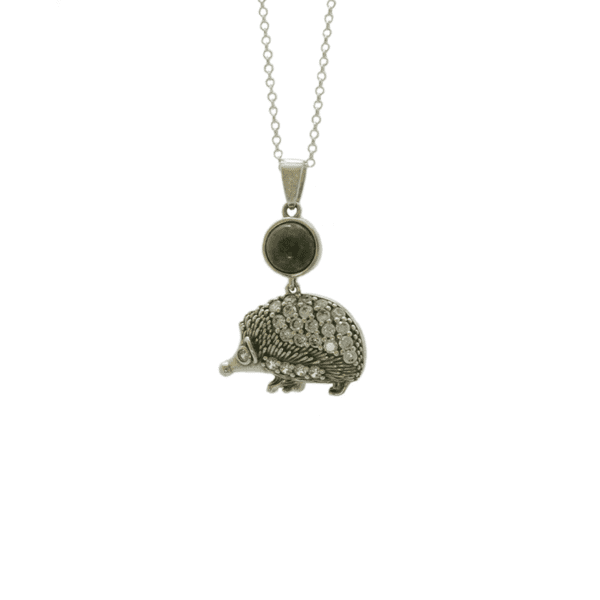 Connemara Marble Sterling Silver Hedgehog with Cubic Zirconia, handcrafted in Ireland and presented on an 18" chain.
