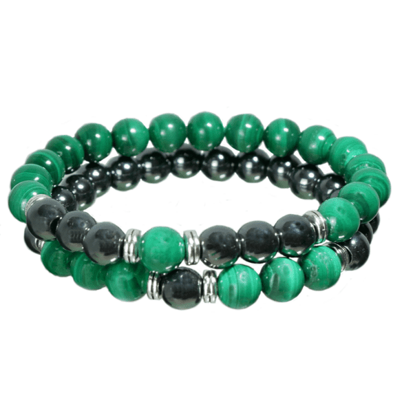 Celtic Cliffs Hematite and Malachite set of 2 Gemstone Bracelets. Handcrafted in Ireland. One size fits all, presented in a premium velvet pouch.