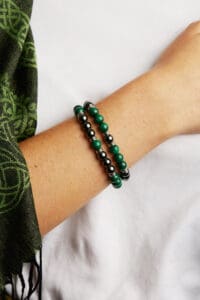 Celtic Cliffs Hematite and Malachite set of 2 Gemstone Bracelets. Handcrafted in Ireland. One size fits all, presented in a hession gift pouch.