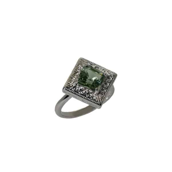 Green Amethyst silvertone ring with Celtic design handcrafted here in Ireland. The lucious gemstone sits within Celtic knotwork.