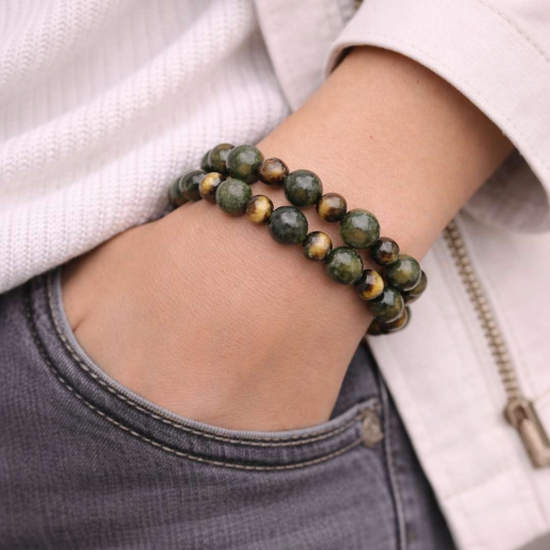 Set of 2 hand crafted bracelet. Made in Ireland with genuine green Connemara Marble and brown Tiger's eye gemstones.