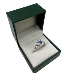 Sapphire Simulant Silver Claddagh Ring. Handcrafted in Ireland. Special Event Piece. Hallmarked and presented in a hinged gift box.