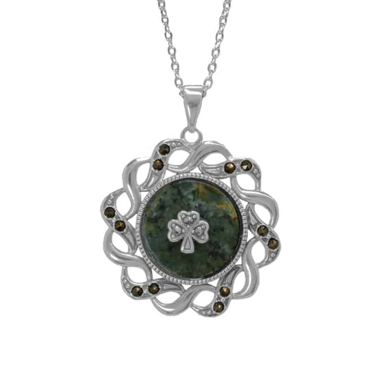 Celebrate St. Patrick's Day with our Connemara Marble silver Shamrock pendant. Embrace your Celtic heritage with the lucky Shamrock and Marcasite accents.