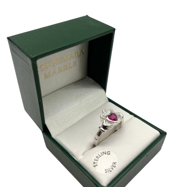 Ruby Red Silver Claddagh Ring. Handcrafted in Ireland. Special Event Piece. Hallmarked silver and presented gift boxed. Love, loyalty and friendship.
