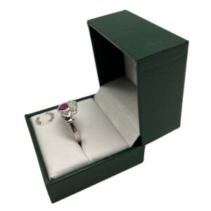 Ruby Red Silver Claddagh Ring. Handcrafted in Ireland. Special Event Piece. Hallmarked silver and presented gift boxed. Love, loyalty and friendship.