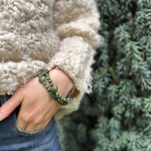 Our natural green gemstone found only in the West of Ireland, hand carved creating a gorgeous set of 2 Shamrock with Hearts stretch style bracelet set. Made in Ireland.