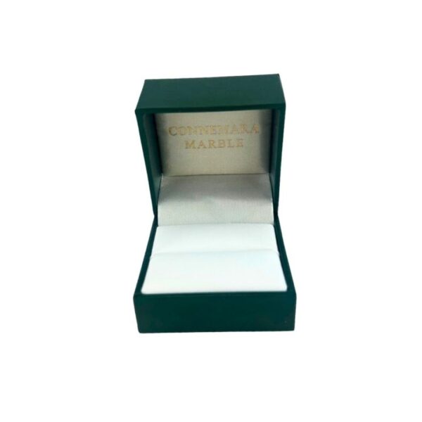 Premium hinged gift box from Connemara Marble Jewelry. Green with Shamrock motif.