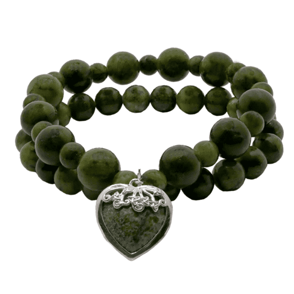 Heart Charm bracelets handcrafted in Ireland with hallmarked sterling silver and natural, unique Connemara Marble. Set of two layered bracelets.