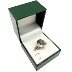Silver Tiger's Eye ring from Ireland with oxidized shamrock motif silver work. Handcrafted in Ireland and hallmarked for quality. Presented gift boxed.