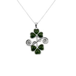 Beautiful sterling silver double shamrock necklace set with genuine Connemara marble. An elegant Irish-inspired gift with rich green tones.