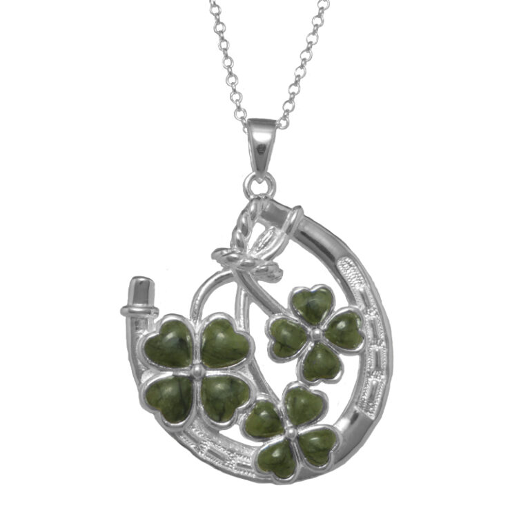 Our silver horseshoe clover pendant is hand crafted in Ireland with Connemara Marble and hallmarked silver. Natural and unique Celtic jewelry from Ireland.