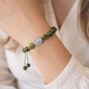 St Brigid Connemara Marble fully adjustable bracelet. Hand crafted in Ireland with natural and unique green Connemara Marble.