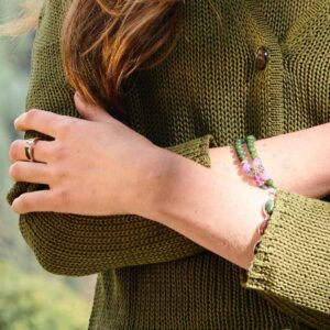 Set of 2 Amethyst and Connemara Marble silver tone bracelets with lucky shamrock and Celtic heart motifs. Hand crafted in Ireland.