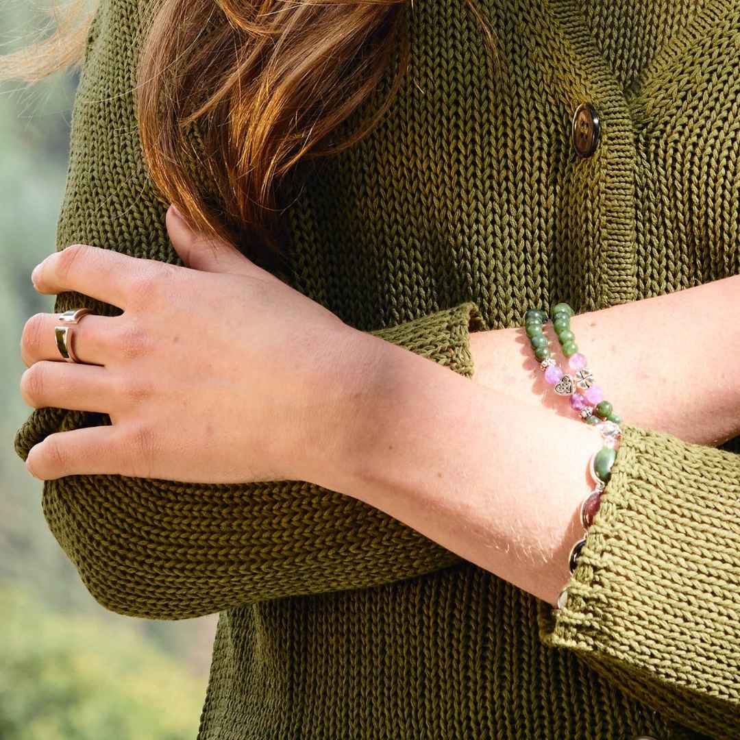 Set of 2 Amethyst and Connemara Marble silver tone bracelets with lucky shamrock and Celtic heart motifs. Hand crafted in Ireland.