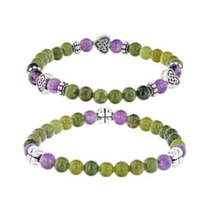 Set of 2 Amethyst and Connemara Marble silver tone bracelets with lucky shamrock and Celtic heart motifs. Hand crafted in Ireland.