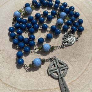 Irish rosary beads combining natural beauty with practical strength. Carry them with you and tranquility will never be far away. Our Lady centerpiece.