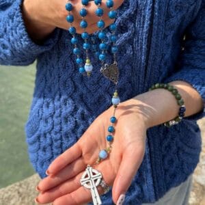 Irish rosary beads combining natural beauty with practical strength. Carry them with you and tranquility will never be far away. Our Lady centerpiece.