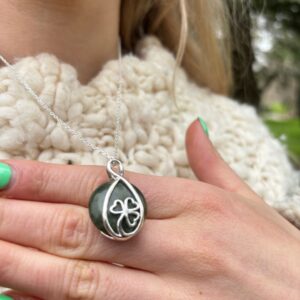 From the heart of Ireland our silver lucky Shamrock pendant is hand crafted with genuine, green Connemara Marble and presented gift boxed. Chain included.