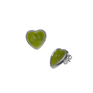 Silver heart stud earrings. Hand crafted in Ireland with natural and unique Connemara Marble gemstone. No two pieces are the same. Hallmarked & boxed.