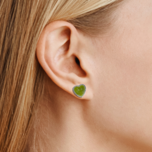 Silver heart stud earrings. Hand crafted in Ireland with natural and unique Connemara Marble gemstone. No two pieces are the same. Hallmarked & boxed.