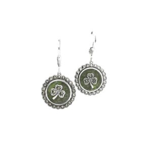 Sterling Silver Connemara Marble Shamrock earrings with Marcasite Gemstones. Hallmarked and handcrafted in Ireland. Presented gift boxed.