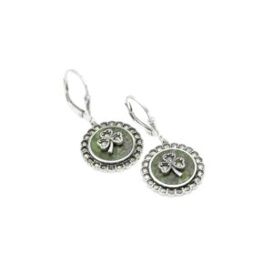 Sterling Silver Connemara Marble Shamrock earrings with Marcasite Gemstones. Hallmarked and handcrafted in Ireland. Presented gift boxed.