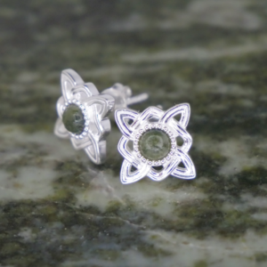 Our Celtic knot square stud earrings are hand crafted in Ireland with our natural green gemstone Connemara Marble and sterling silver.