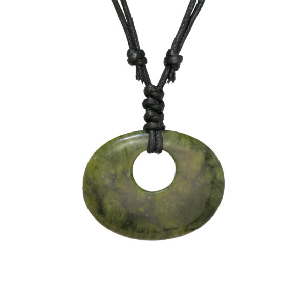 Green Connemara Marble Oval Luck Stone Pendant with fully adjustable black cord. Natural and unique Celtic Jewelry hand crafted in Ireland.