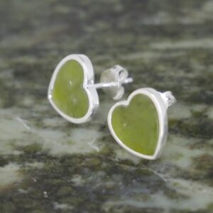 Silver heart stud earrings. Hand crafted in Ireland with natural and unique Connemara Marble gemstone. No two pieces are the same. Hallmarked & boxed.