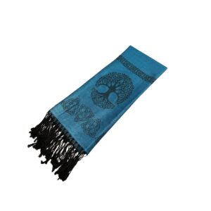 Luxurious sea blue pashmina scarf with a tree of life design. Soft cotton and fine silk combine to make this elegant scarf, shawl or wrap