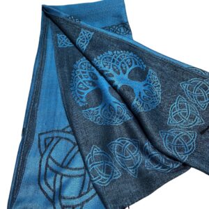 Luxurious sea blue pashmina scarf with a tree of life design. Soft cotton and fine silk combine to make this elegant scarf, shawl or wrap