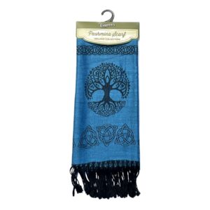Luxurious sea blue pashmina scarf with a tree of life design. Soft cotton and fine silk combine to make this elegant scarf, shawl or wrap