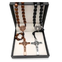 St. Benedict Irish rosary bead set has one full brown wood rosary and one full black wood rosary. Presented in a hinged gift box. Made in Ireland.