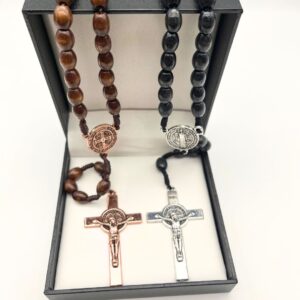 St. Benedict Irish rosary bead set has one full brown wood rosary and one full black wood rosary. Presented in a hinged gift box. Made in Ireland.