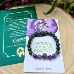 Amethyst gemstone bracelet with natural Connemara Marble gemstone found only here in Ireland. Each piece is totally unique. Hand crafted in Ireland.