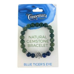 Blue tiger's eye gemstone bracelet with natural Connemara Marble gemstone found only here in Ireland. Each piece is totally unique. Hand crafted in Ireland.