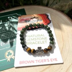 Tiger's eye gemstone bracelet with natural Connemara Marble gemstone found only here in Ireland. Each piece is totally unique. Hand crafted in Ireland.