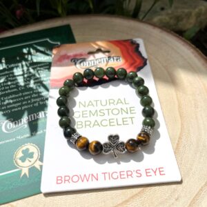 Tiger's eye gemstone bracelet with natural Connemara Marble gemstone found only here in Ireland. Each piece is totally unique. Hand crafted in Ireland.