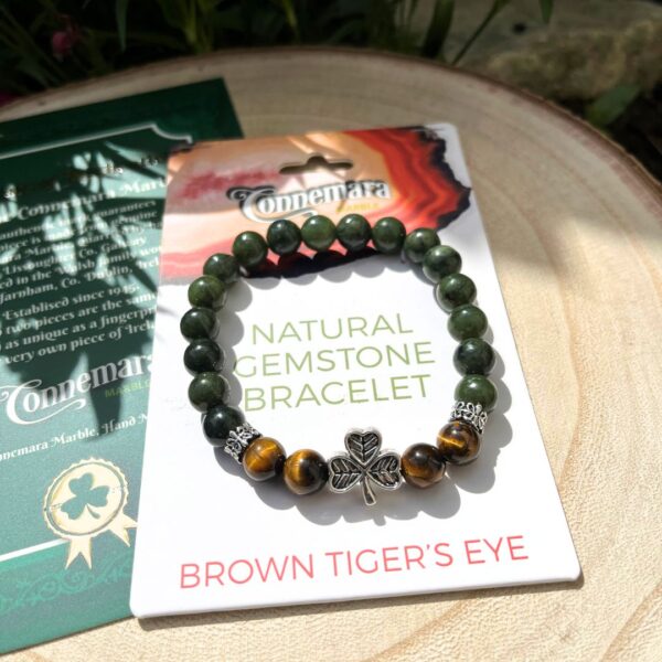 Tiger's eye gemstone bracelet with natural Connemara Marble gemstone found only here in Ireland. Each piece is totally unique. Hand crafted in Ireland.
