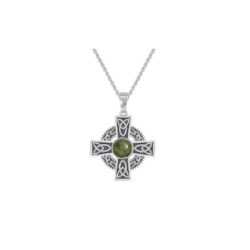 Sterling Silver Celtic Cross Pendant. Set with genuine Connemara Marble natural gemstone. Handcrafted in Ireland. 18