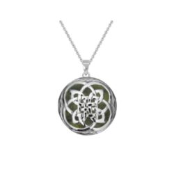 Natural gemstone Connemara Marble, hand crafted in Ireland with the iconic Celtic knot symbol. Presented on an 18